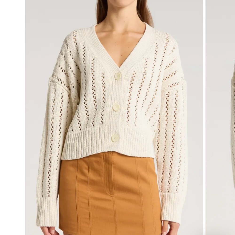 A.L.C. Drew Open-Stitch V-Neck Button Cardigan in ecru